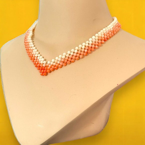 Peach and White Angel Skin Coral Ombre Round Beaded Woven V Necklace - Picture 2 of 3